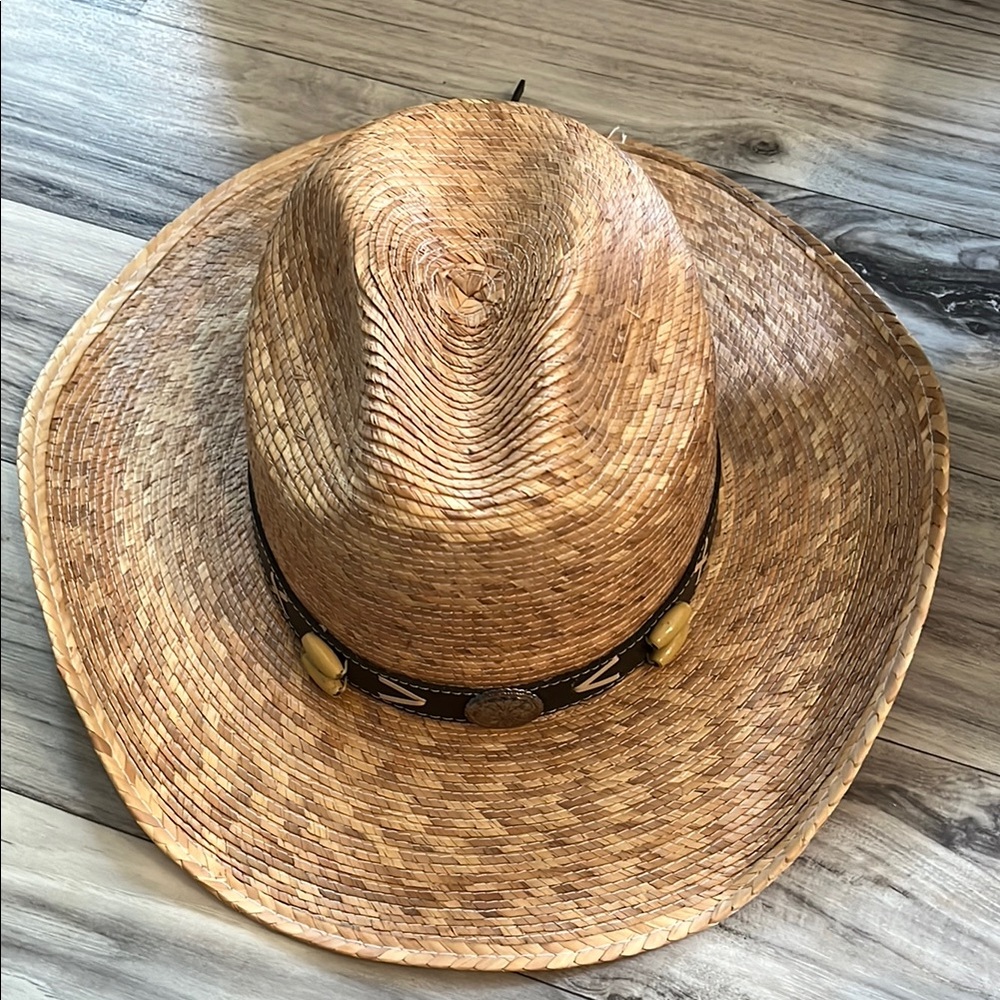 Straw Outback Hat Natural Linen Sea Grass - Leather & Bead Accent Band